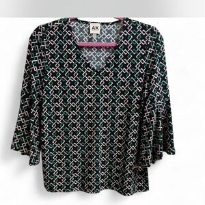 Anne Klein Black and Green Geometric Blouse